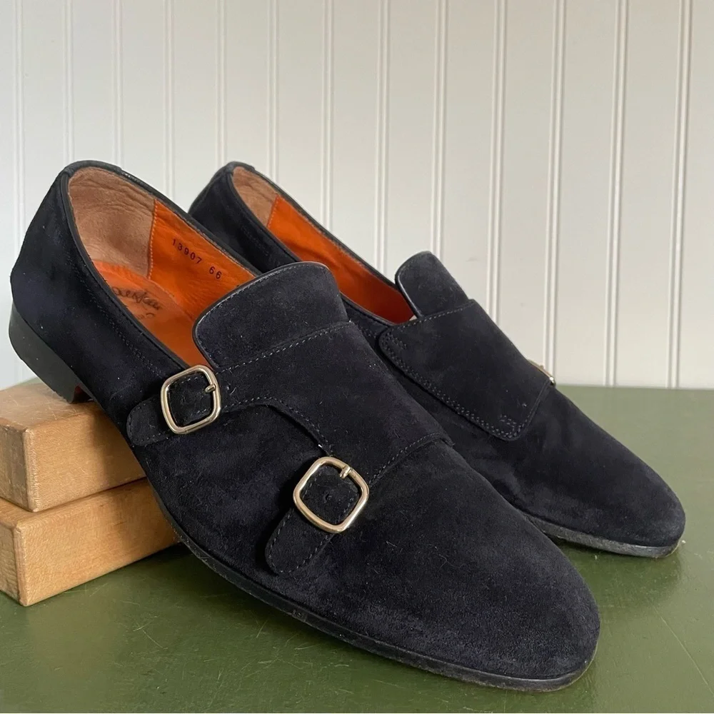 Santoni Men's Double Monk Strap Loafers in Midnight Blue Suede *Italy*